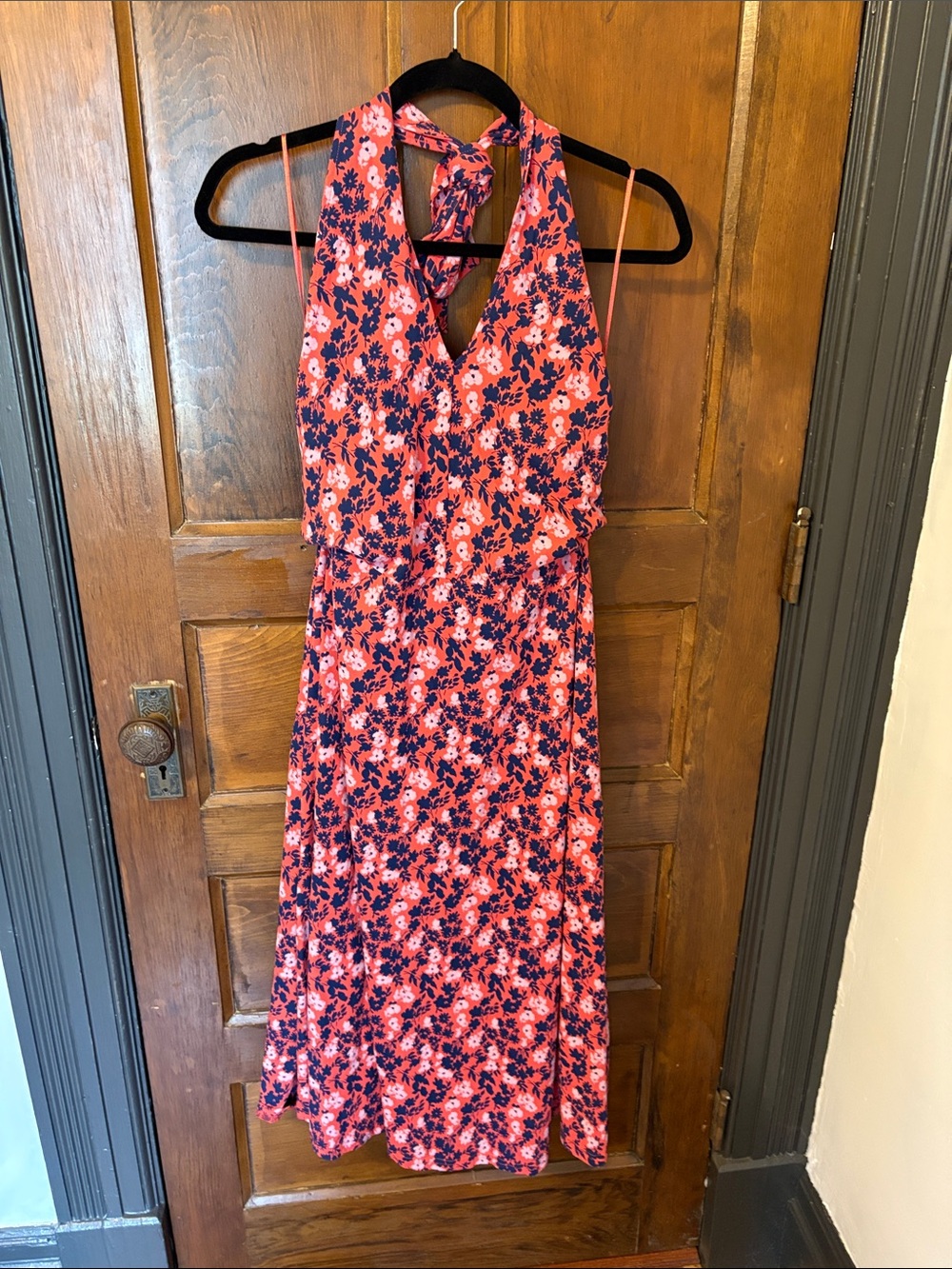 Pact Fit Flare Modern Halter Dress - Coral and Navy Floral